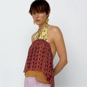 NWT Zara Boho Peplum Halter Neck Top Patchwork Fairy 7720/025 Sparkle Tie Purple